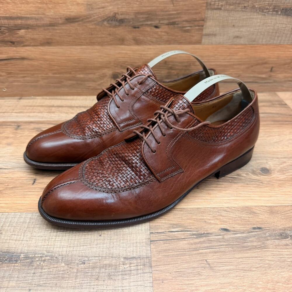 Santoni Classic Woven Leather Men's size 8.5 Oxford Derby Shoes Brown